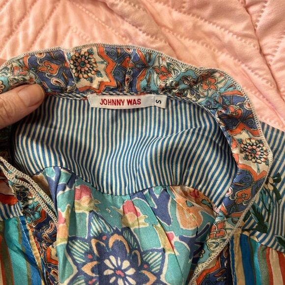 Johnny Was Ophelia Silk Striped Printed Flowy Oversized Blue Blouse Size S - Picture 4 of 14